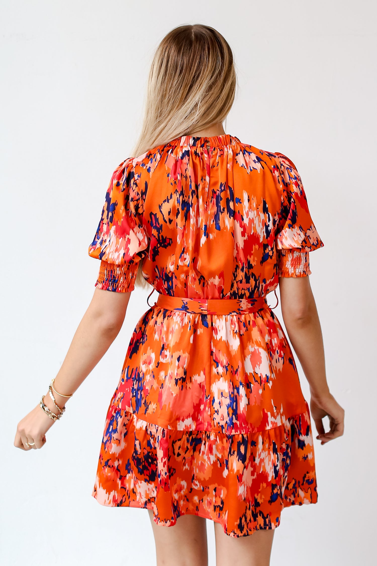 orange satin mini dress back view