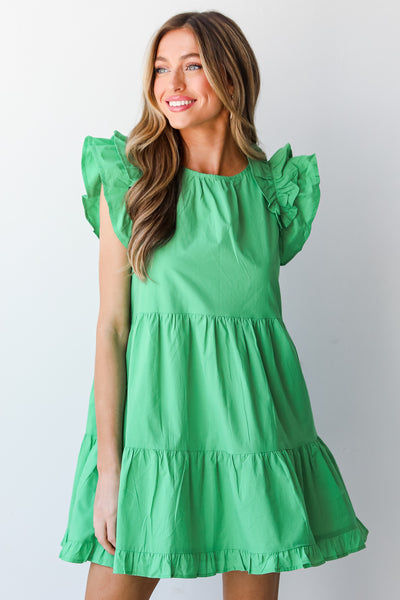 green Tiered Mini Dress on model