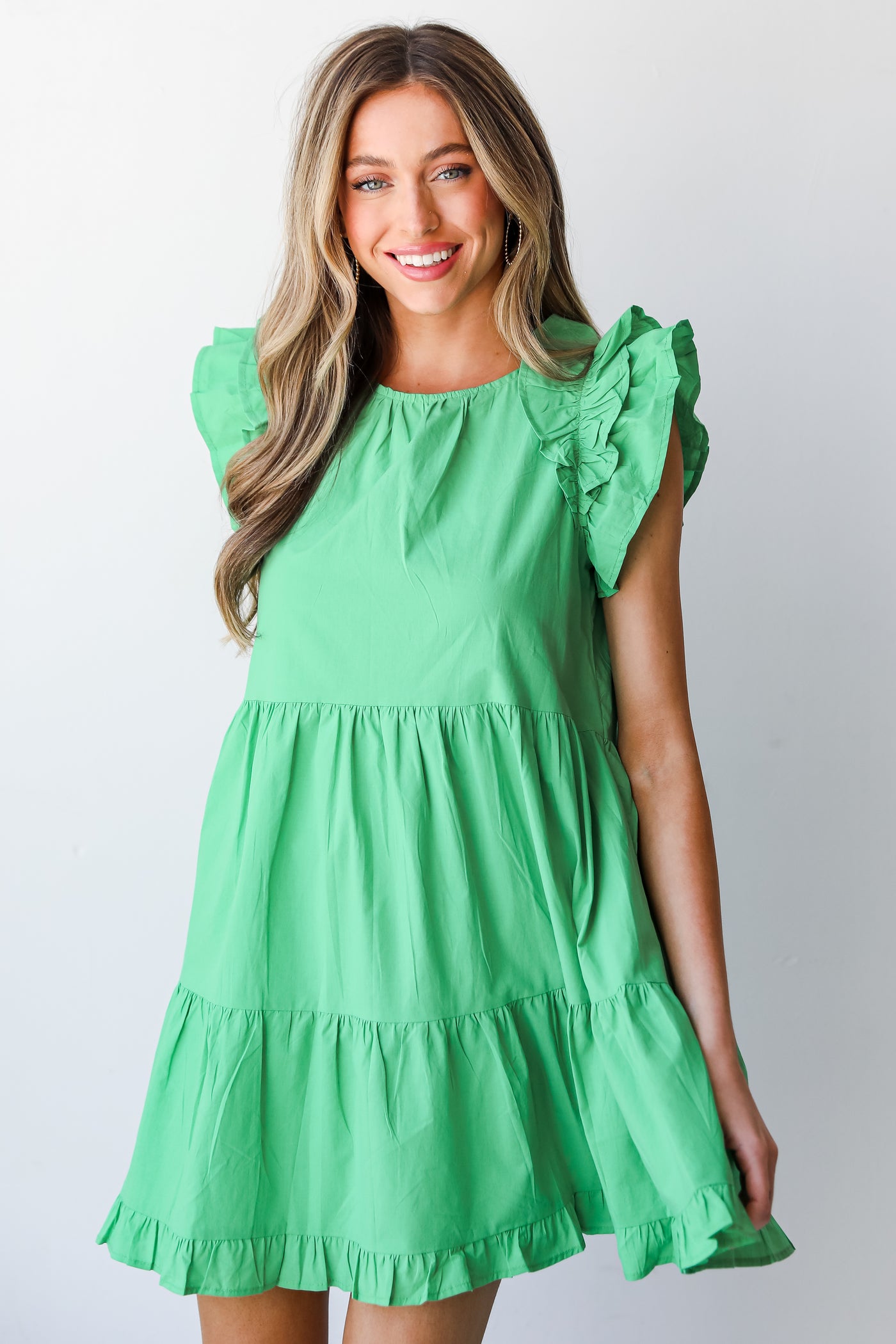 green Tiered Mini Dress front view