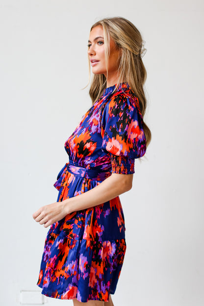 blue satin mini dress side view