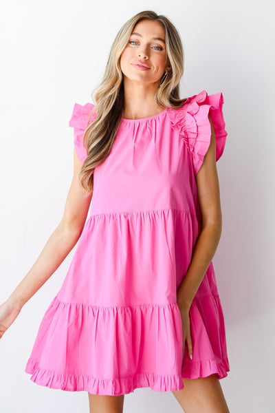 pink Tiered Mini Dress on model