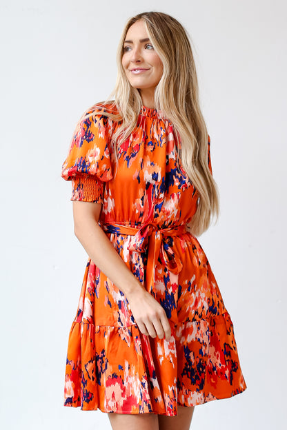 orange satin mini dress