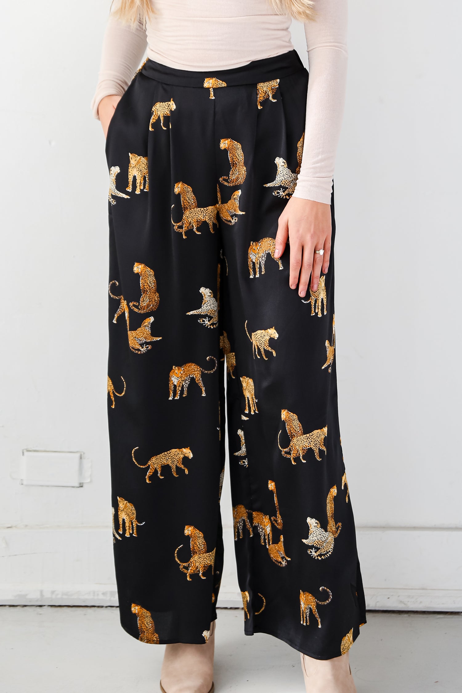 Black Cheetah Wide Leg Pants front view