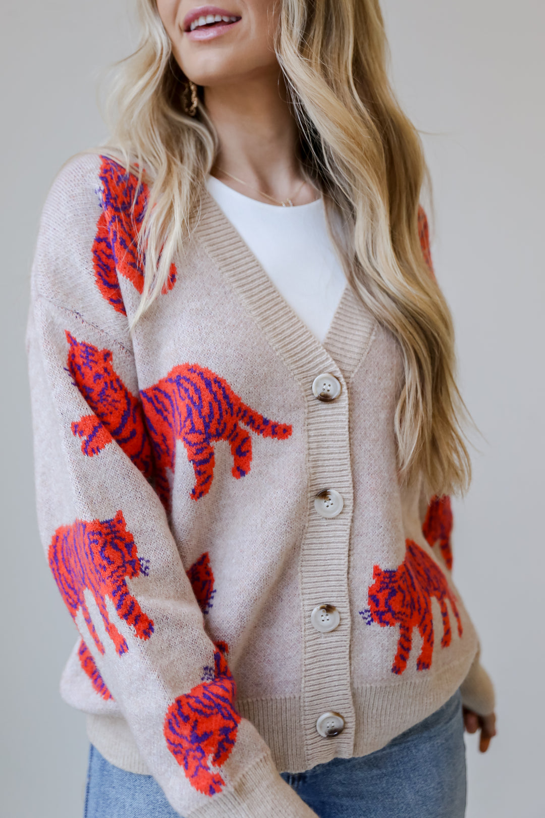 Oatmeal Tiger Oversized Sweater Cardigan front view