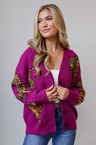 Magenta Tiger Oversized Sweater Cardigan front view