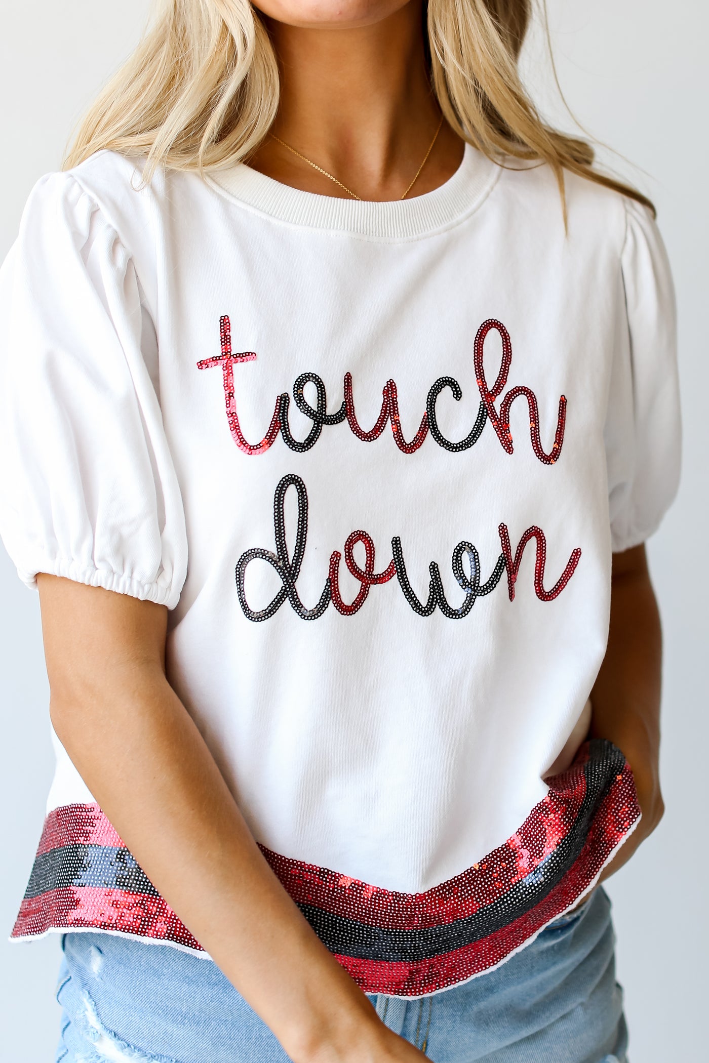 Touchdown Sequin Tee on model