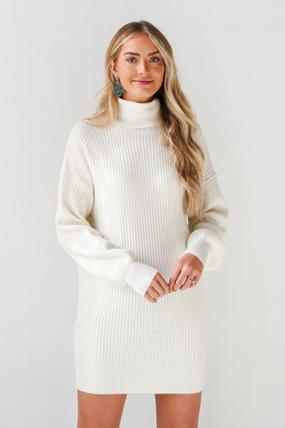 white Turtleneck Mini Sweater Dress front view