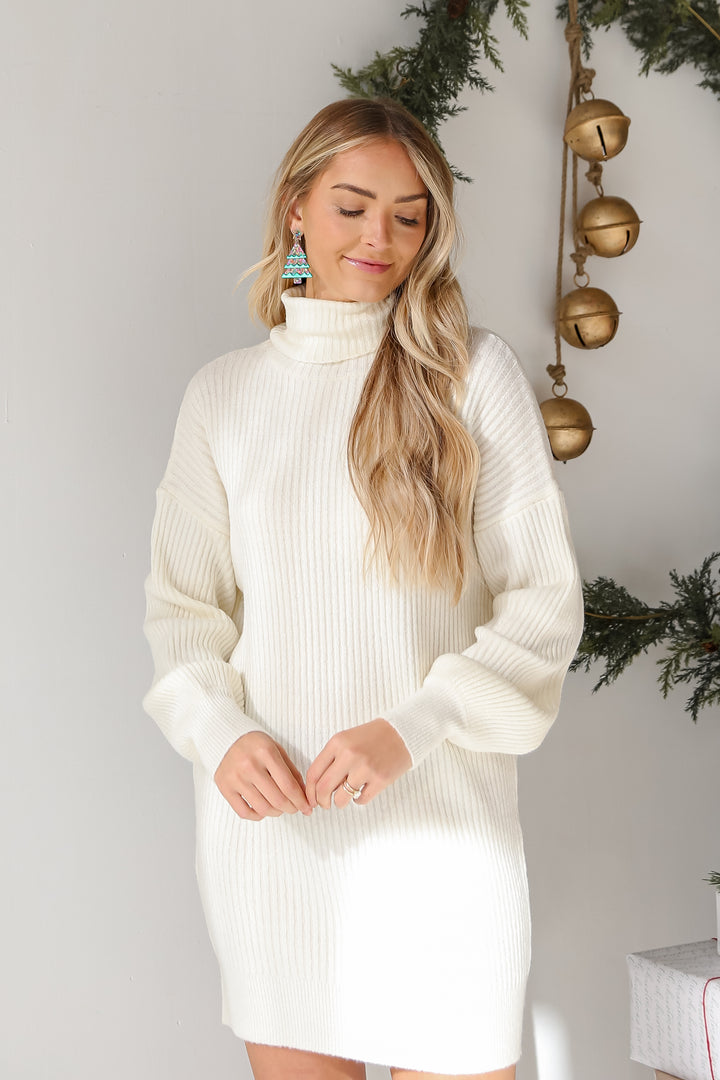 white Turtleneck Mini Sweater Dress on model