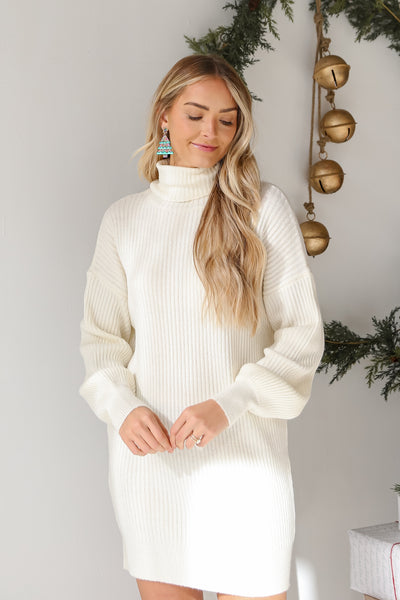 white Turtleneck Mini Sweater Dress on model