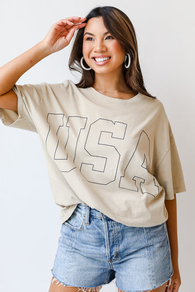 taupe USA Graphic Tee front view