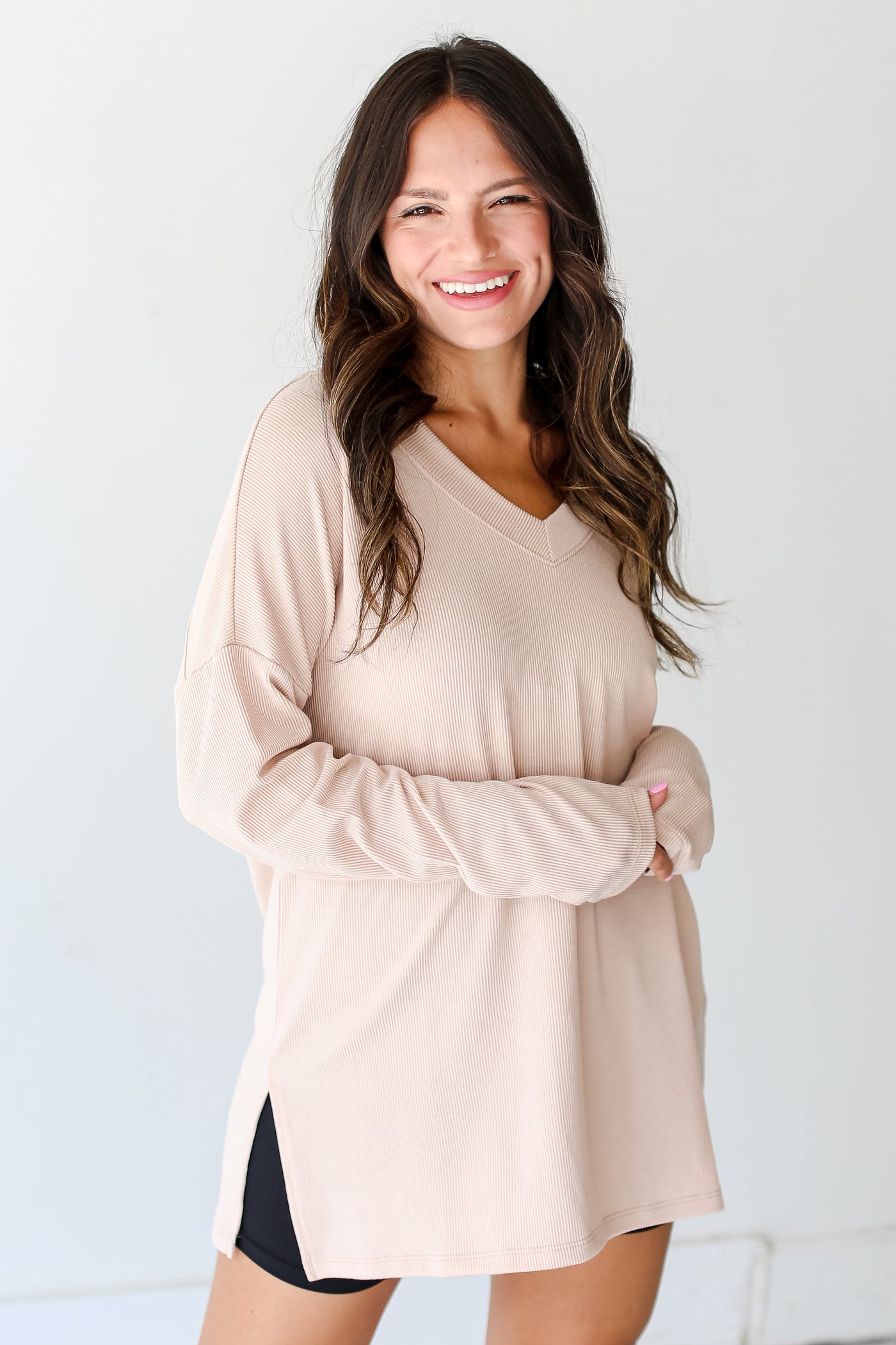 taupe Corded Top on model