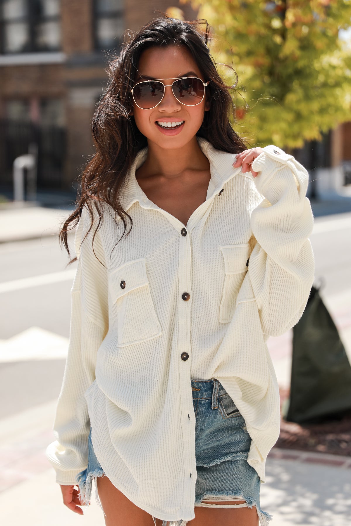 Trendy Waffle Knit Button-Up Tops