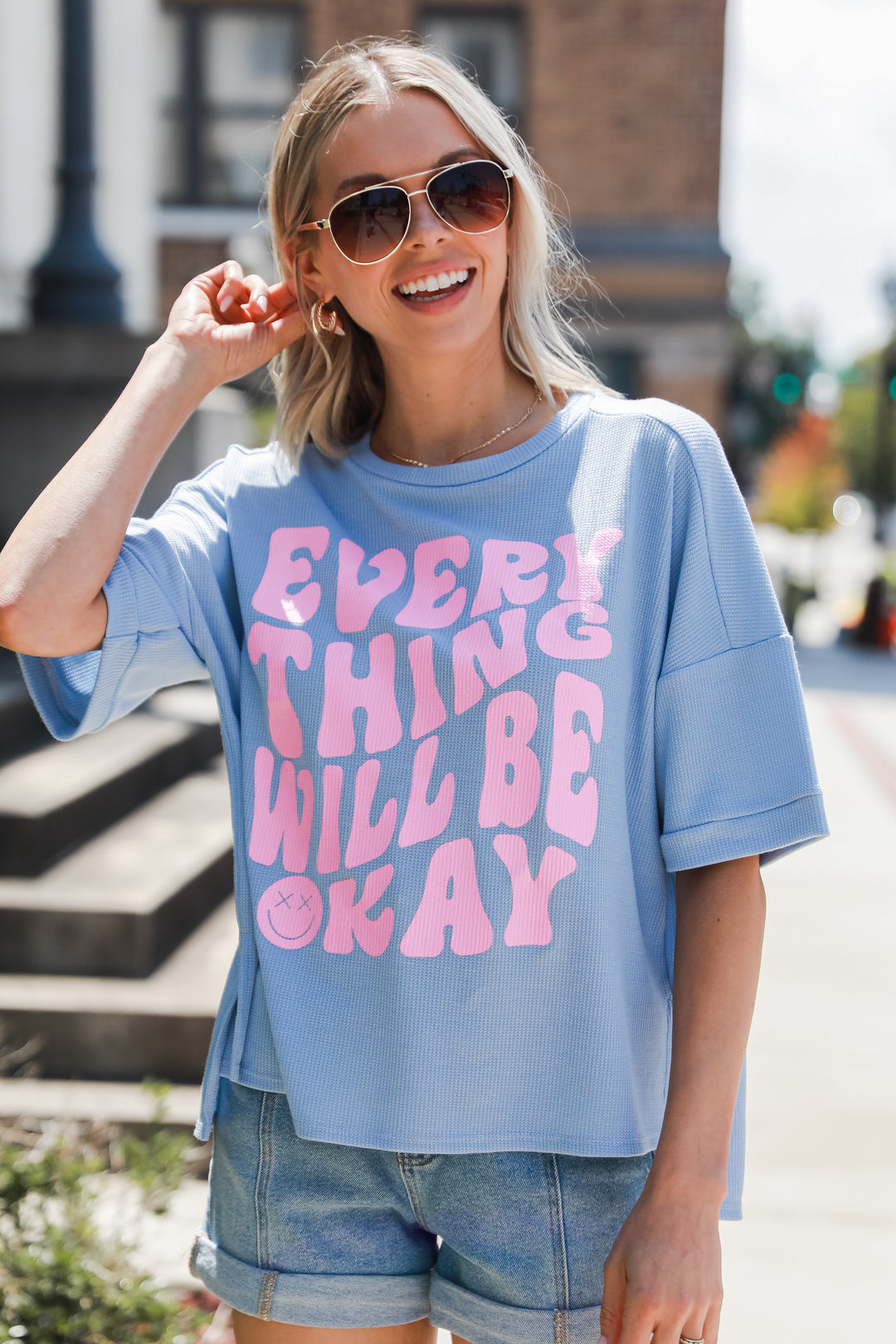 blue Everything Will Be Okay Waffle Knit Tee