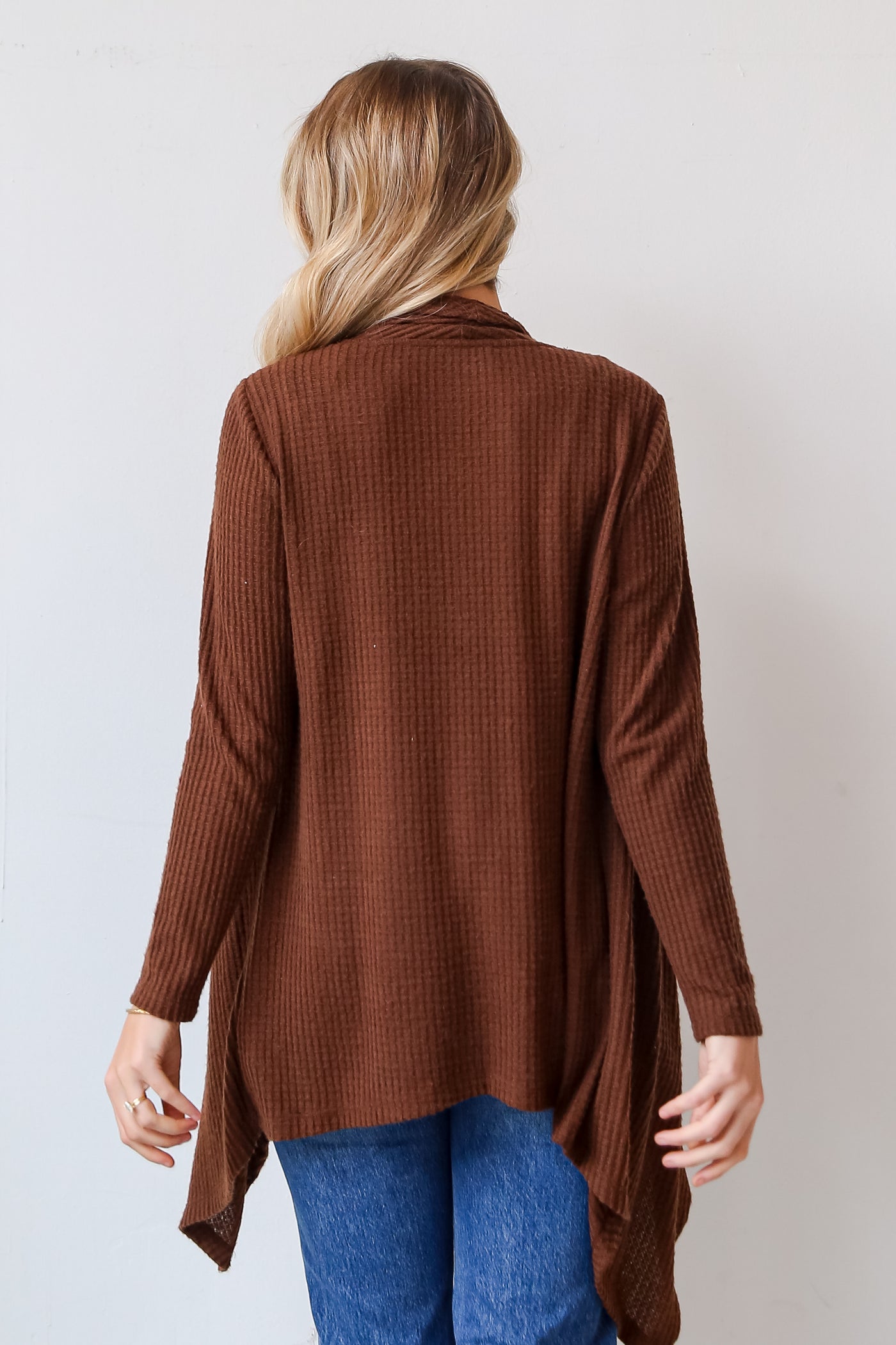 brown Brushed Waffle Knit Cardigan back view