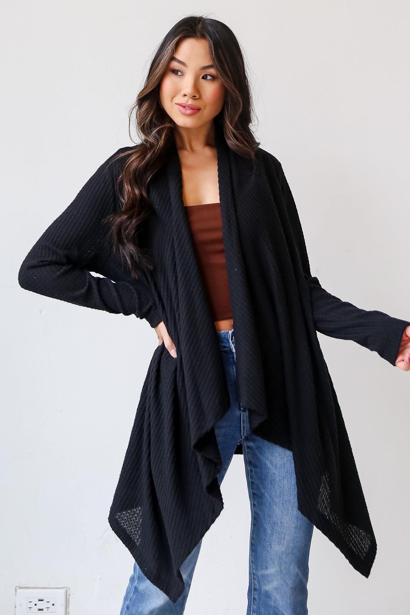 black Brushed Waffle Knit Cardigan front view