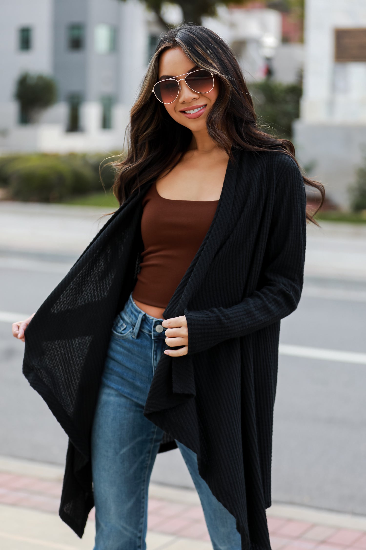 black Brushed Waffle Knit Cardigan