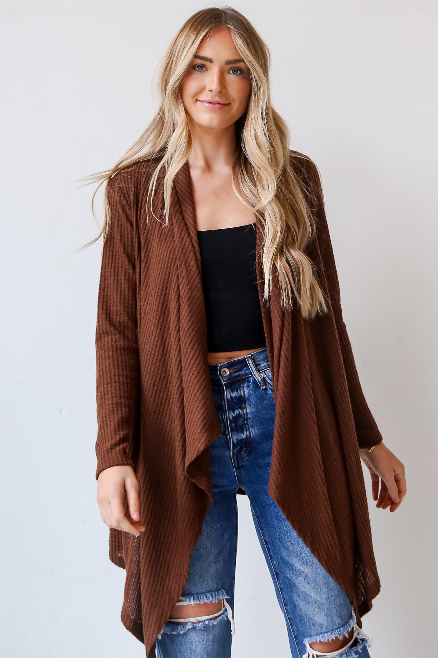 brown Brushed Waffle Knit Cardigan on model