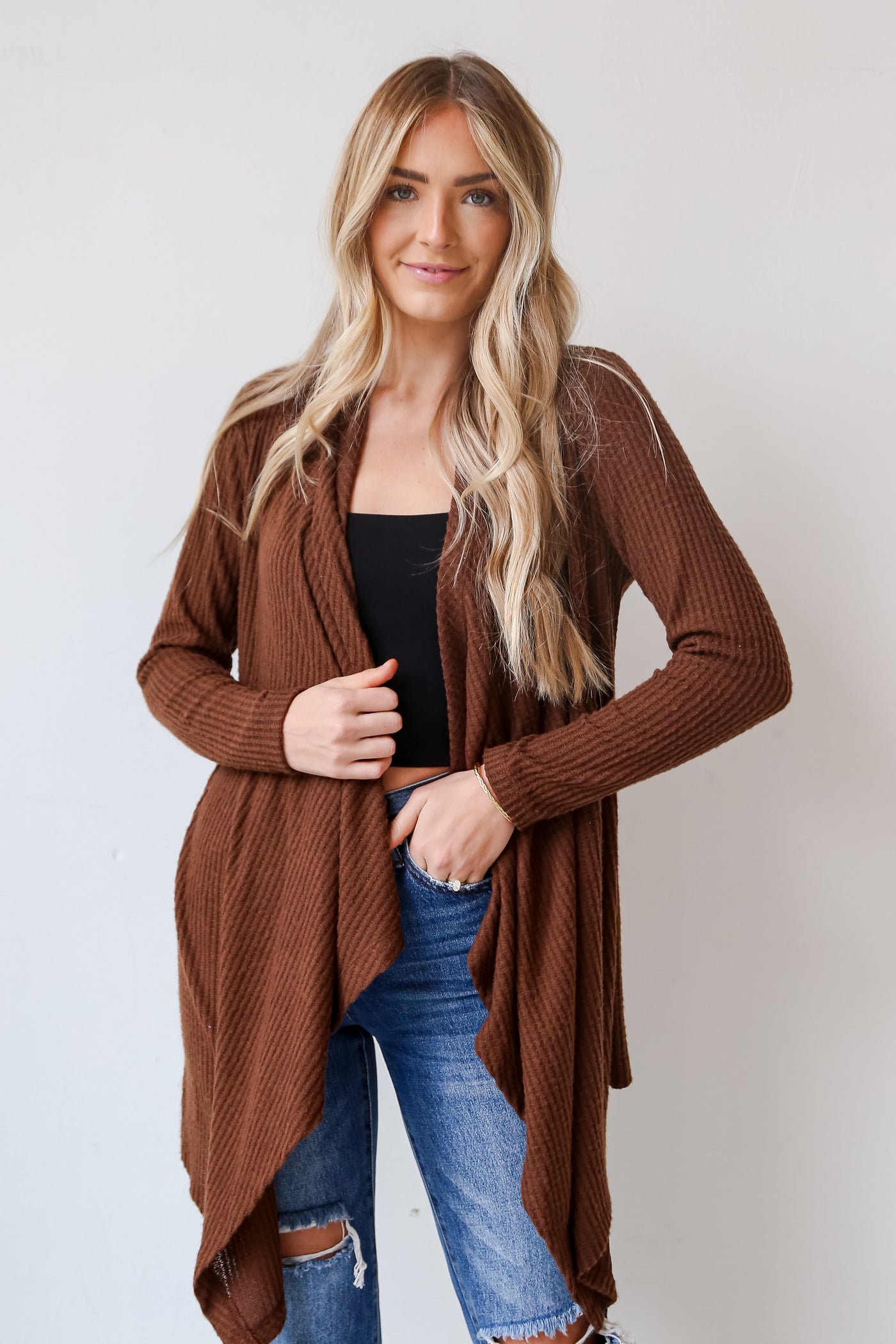 brown Brushed Waffle Knit Cardigan front view