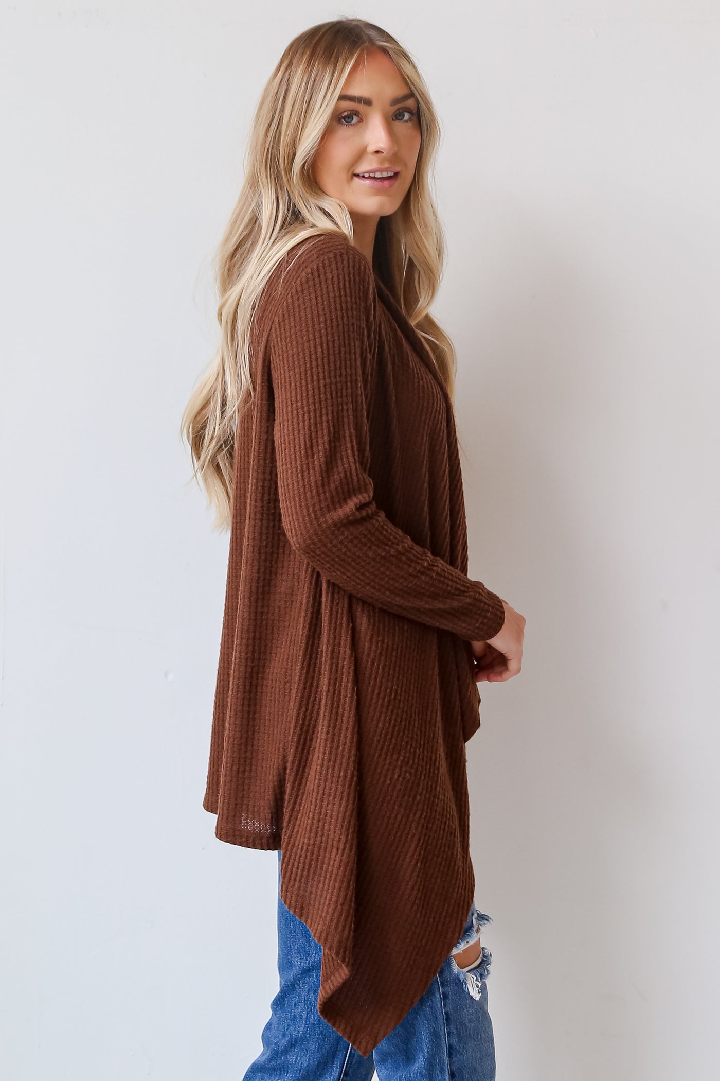 brown Brushed Waffle Knit Cardigan side view