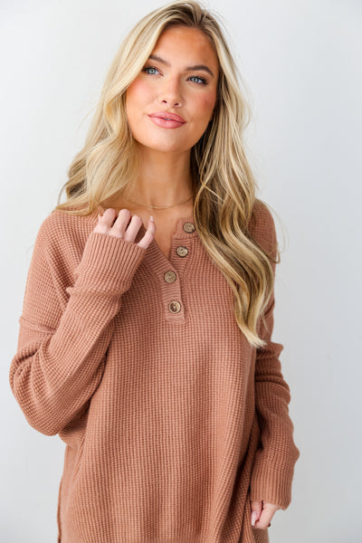 brown Knit Henley Top front view