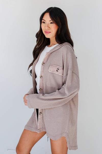 grey Waffle Knit Hooded Shacket side view