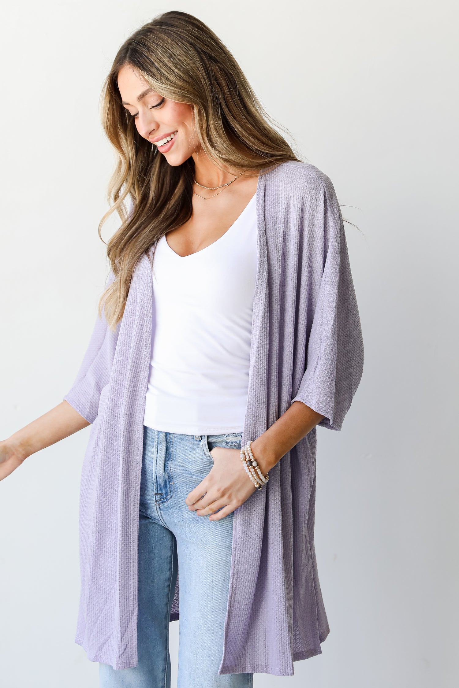 purple Waffle Knit Kimono on model
