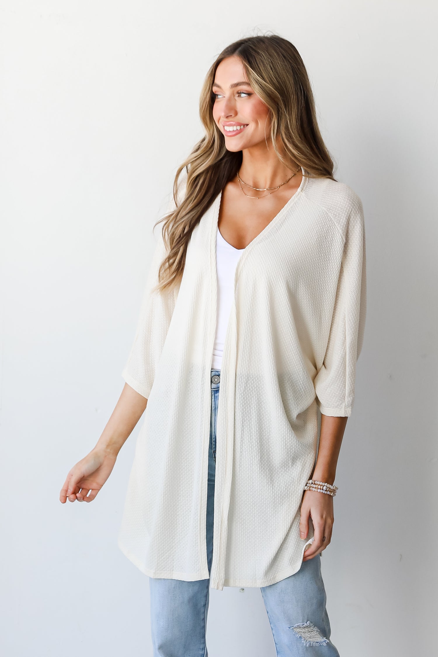 white Waffle Knit Kimono on model