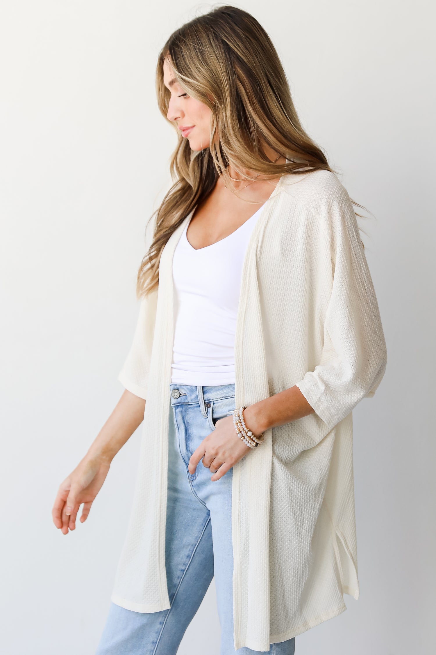 white Waffle Knit Kimono side view