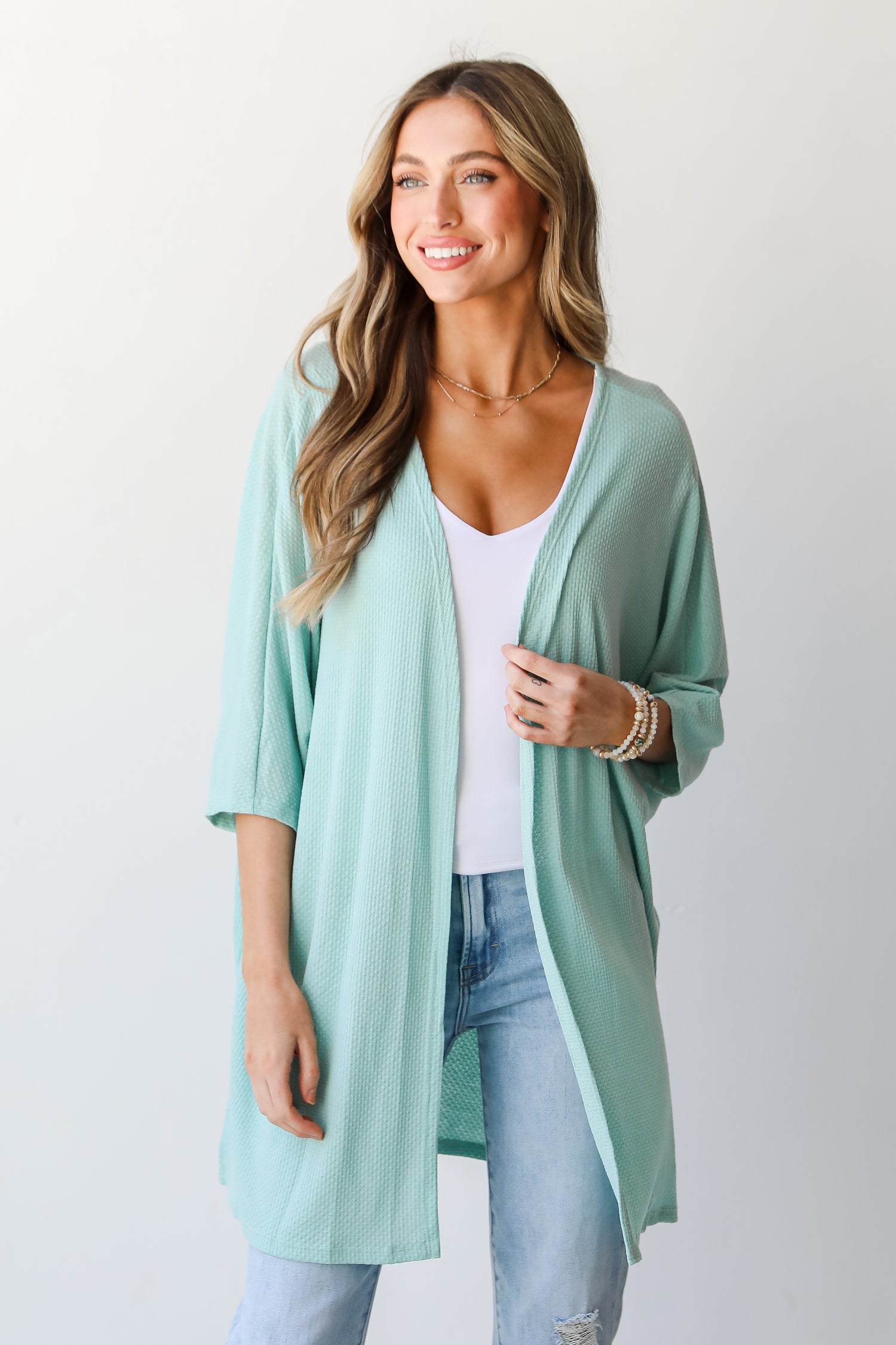 blue Waffle Knit Kimono on model
