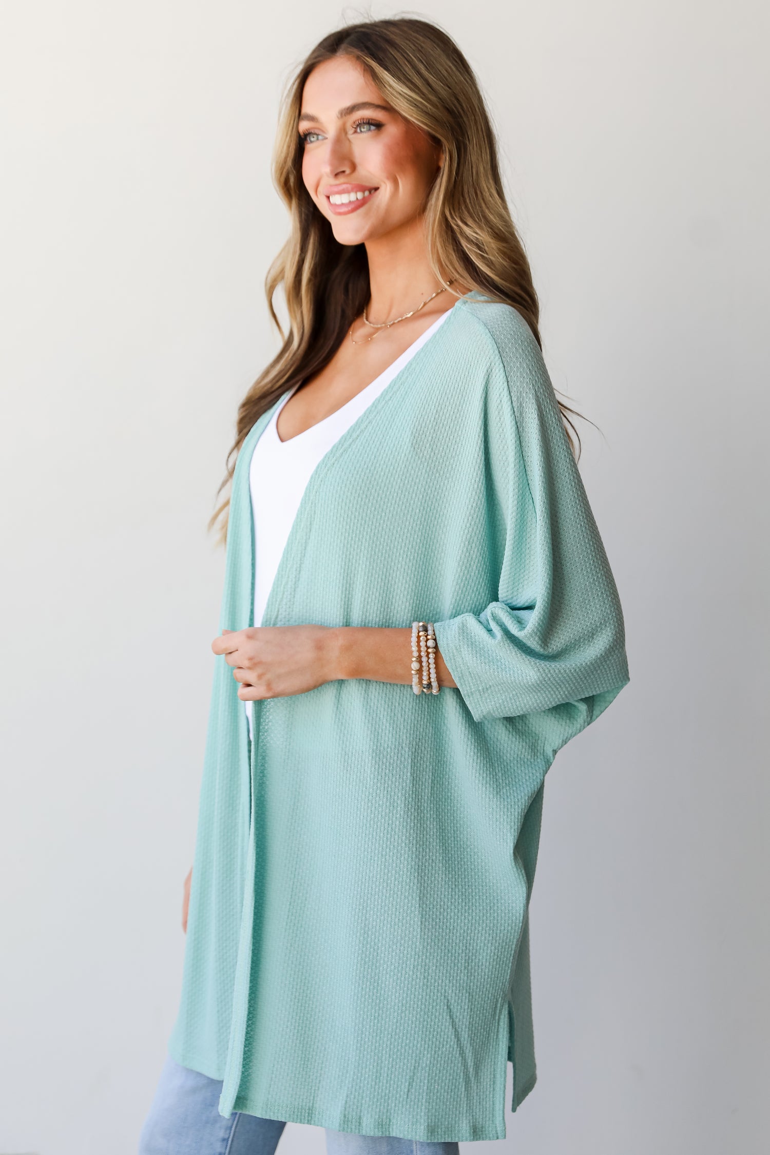 blue Waffle Knit Kimono side view