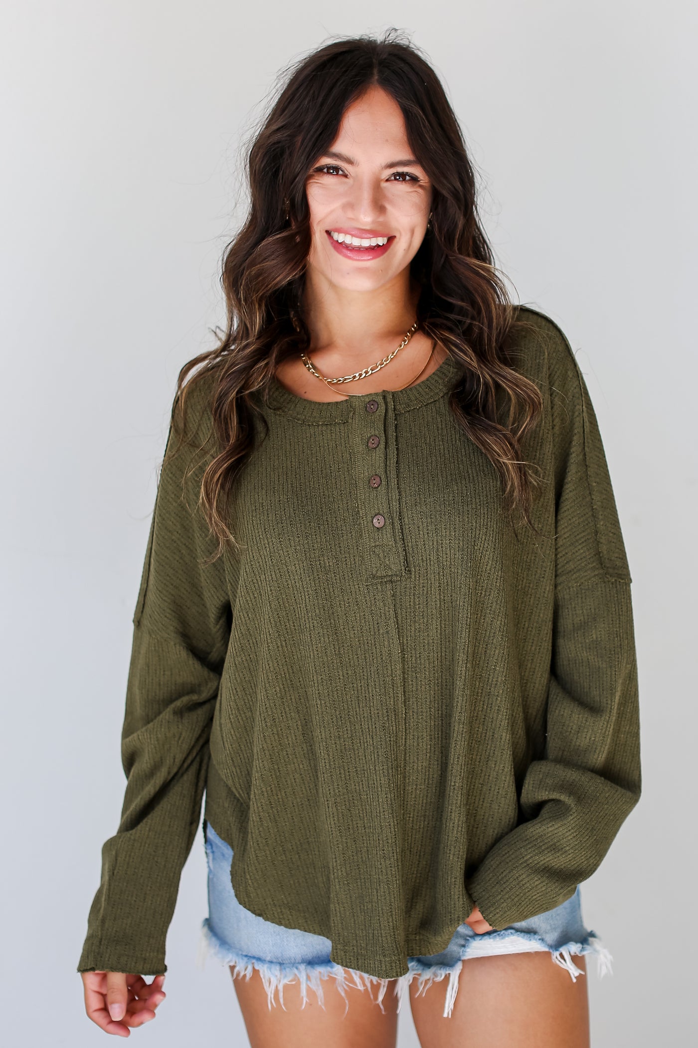 olive Knit Henley Top for fall
