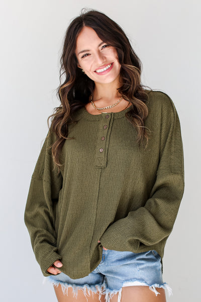 olive Knit Henley Top front view