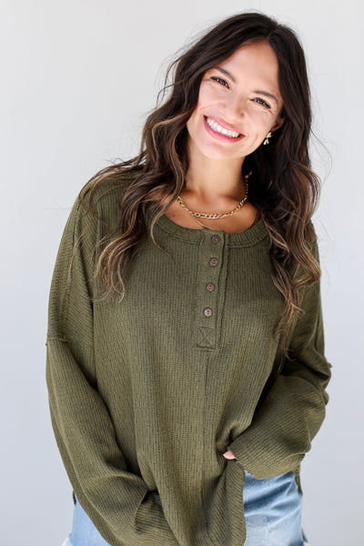 olive Knit Henley Top close up