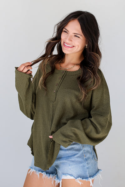 olive Knit Henley Top side view