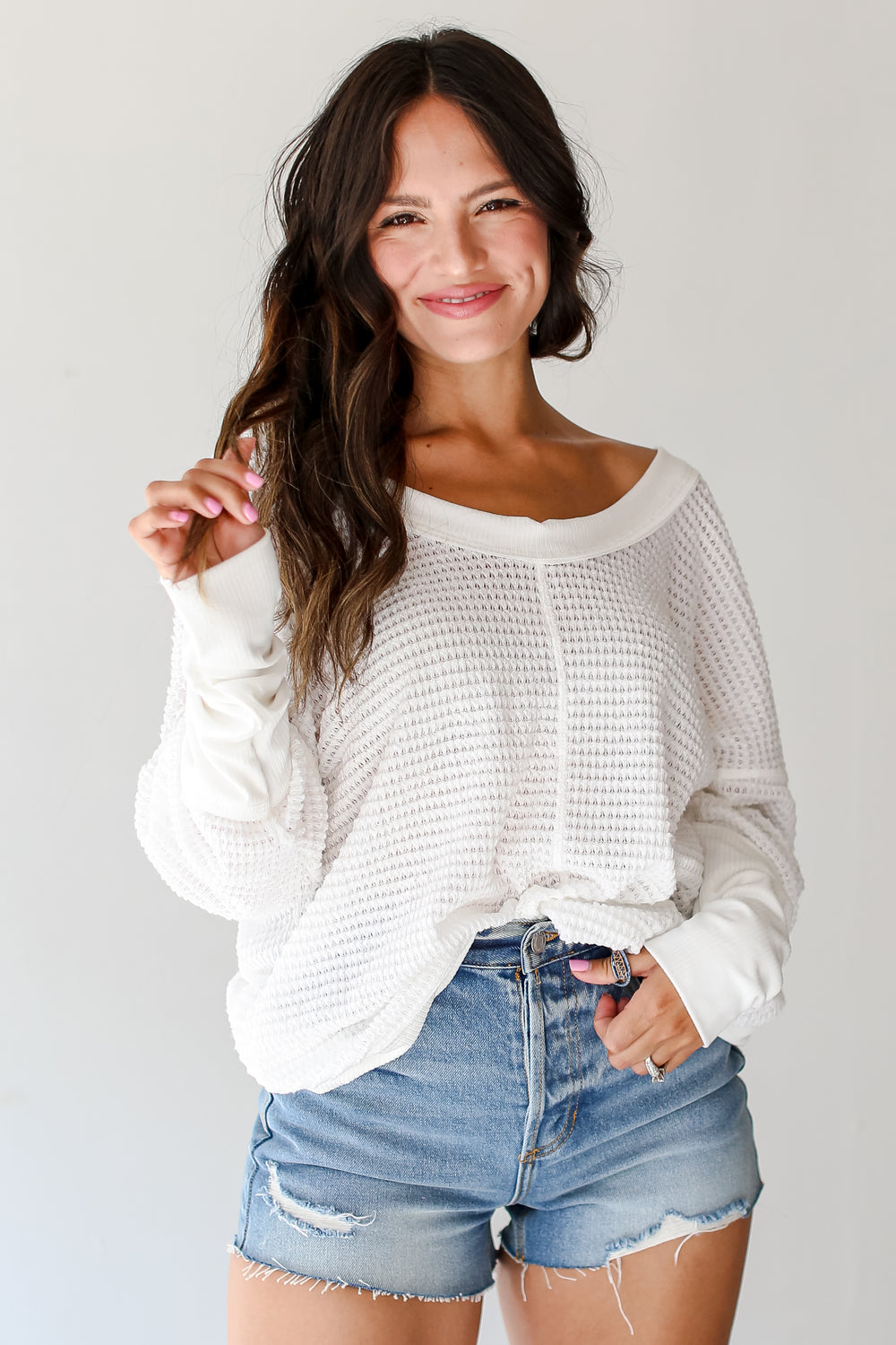 white Waffle Knit Top front view