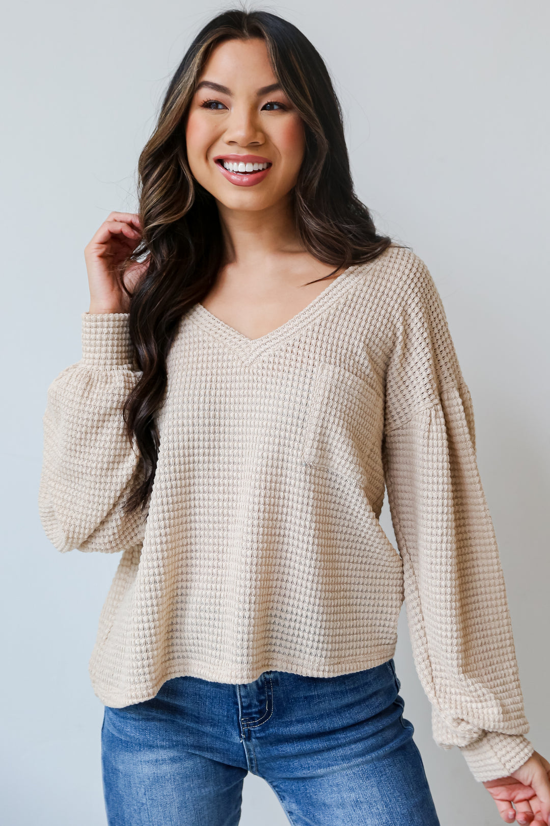 Oatmeal Waffle Knit Top on model