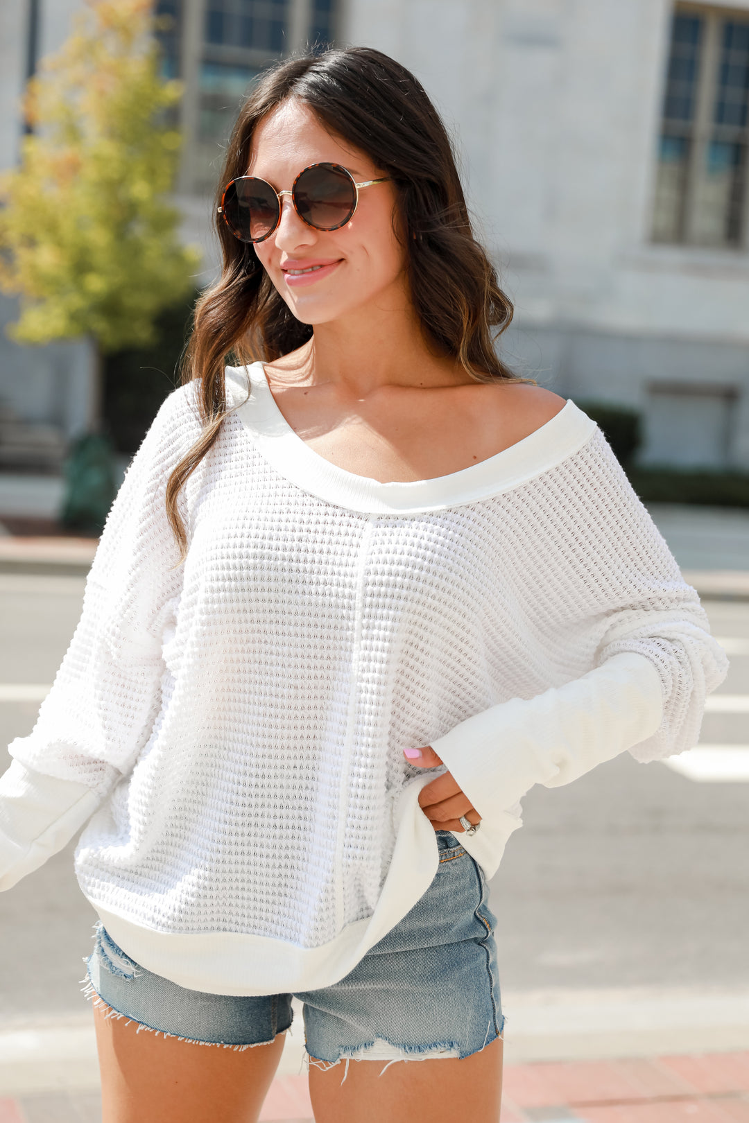 white Waffle Knit Top