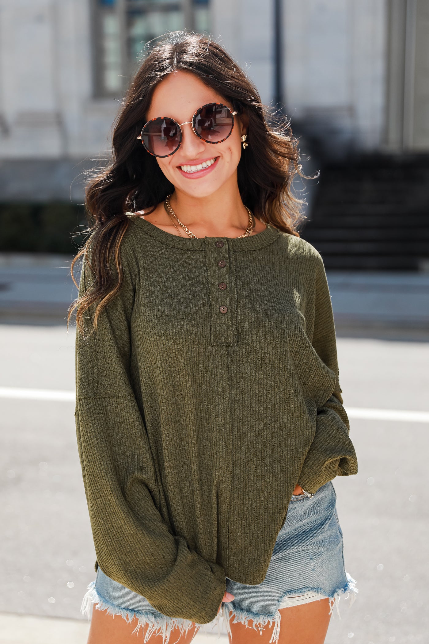 olive Knit Henley Top