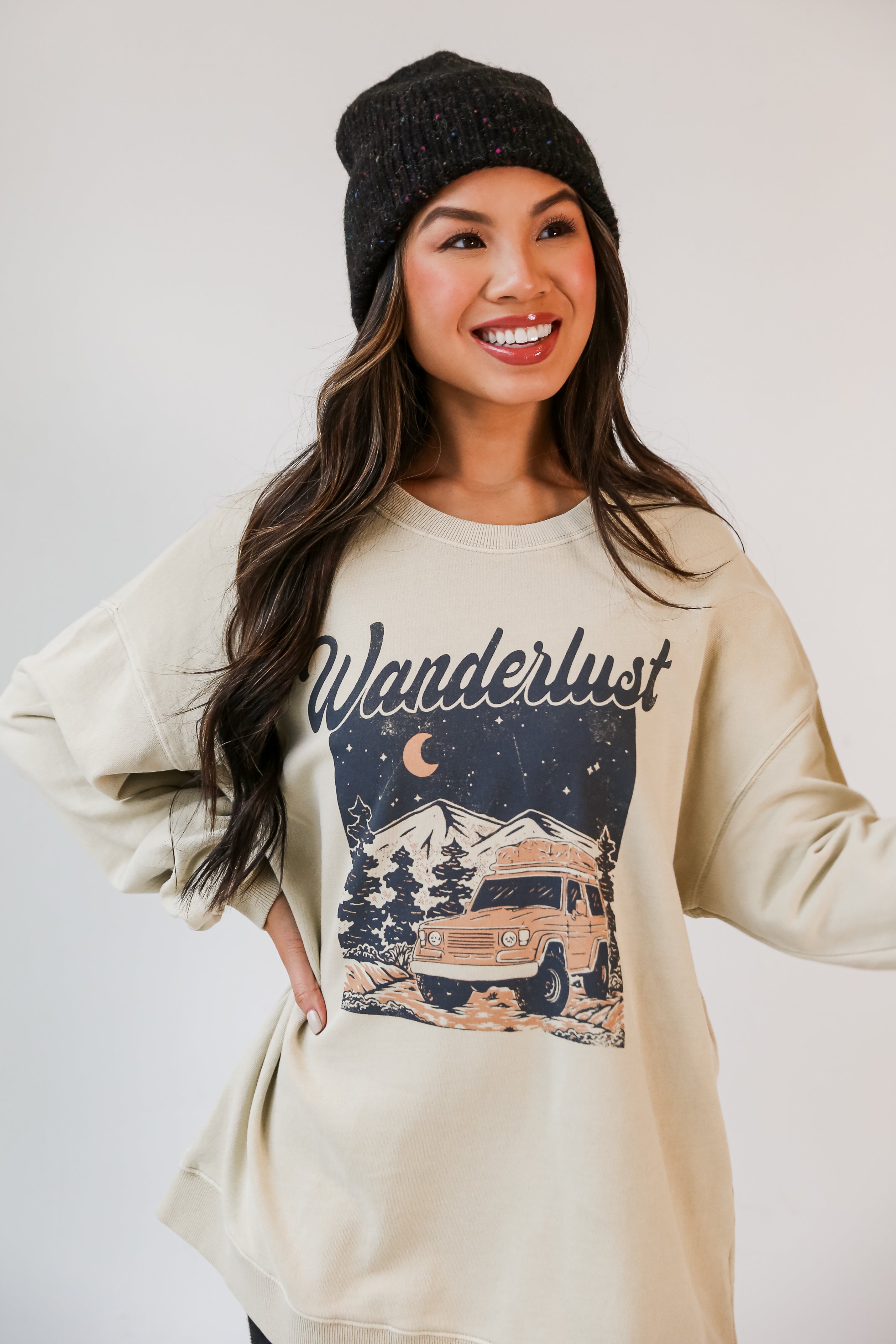 Taupe Wanderlust Sweatshirt close up