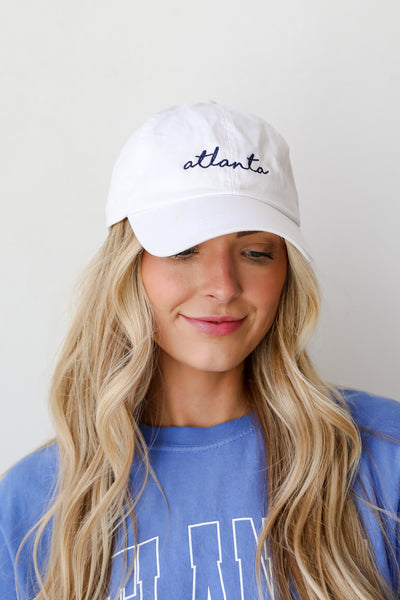 white Atlanta Script Embroidered Hat for women