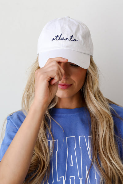 womens white Atlanta Script Embroidered Hat