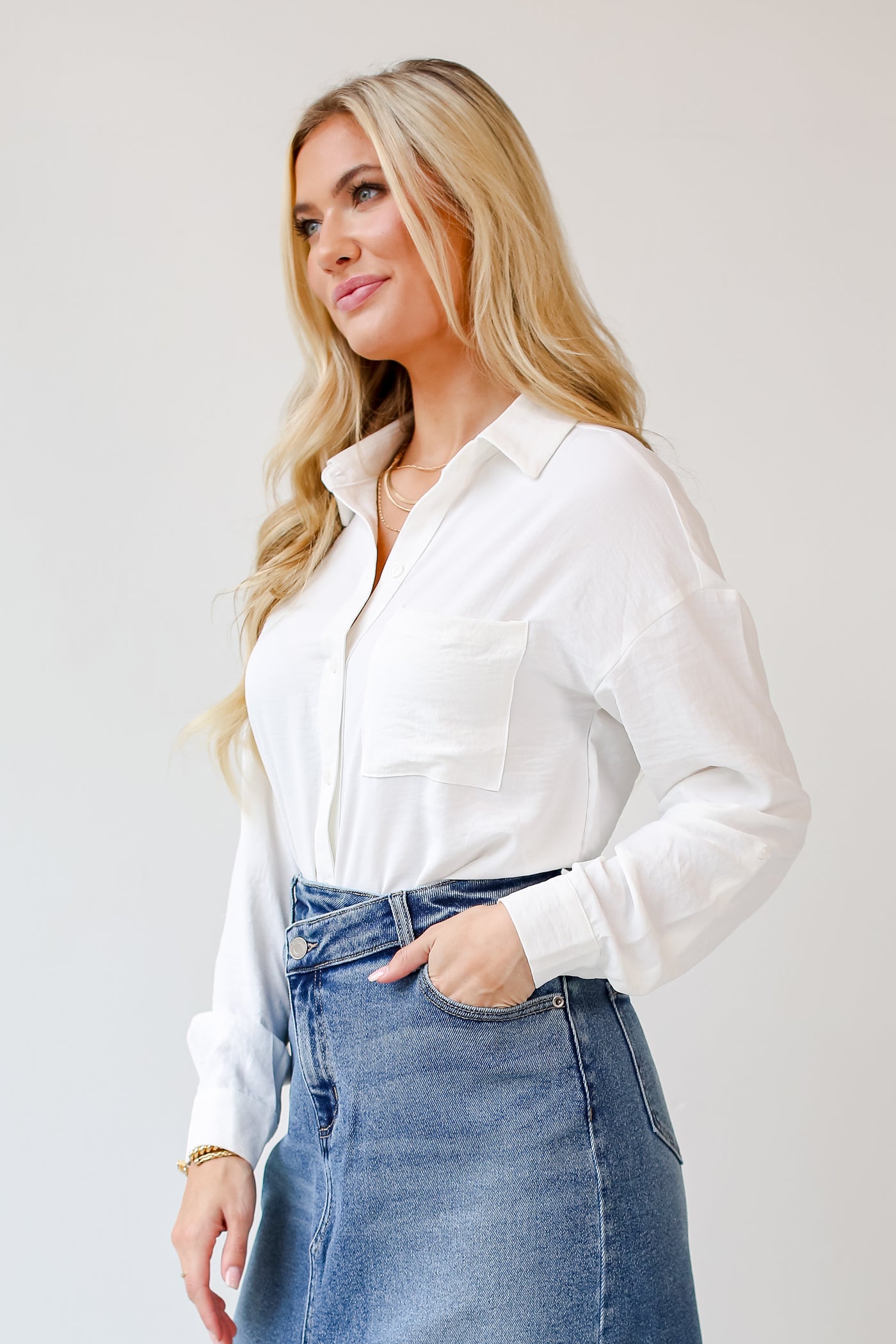 white Button-Up Blouse side view