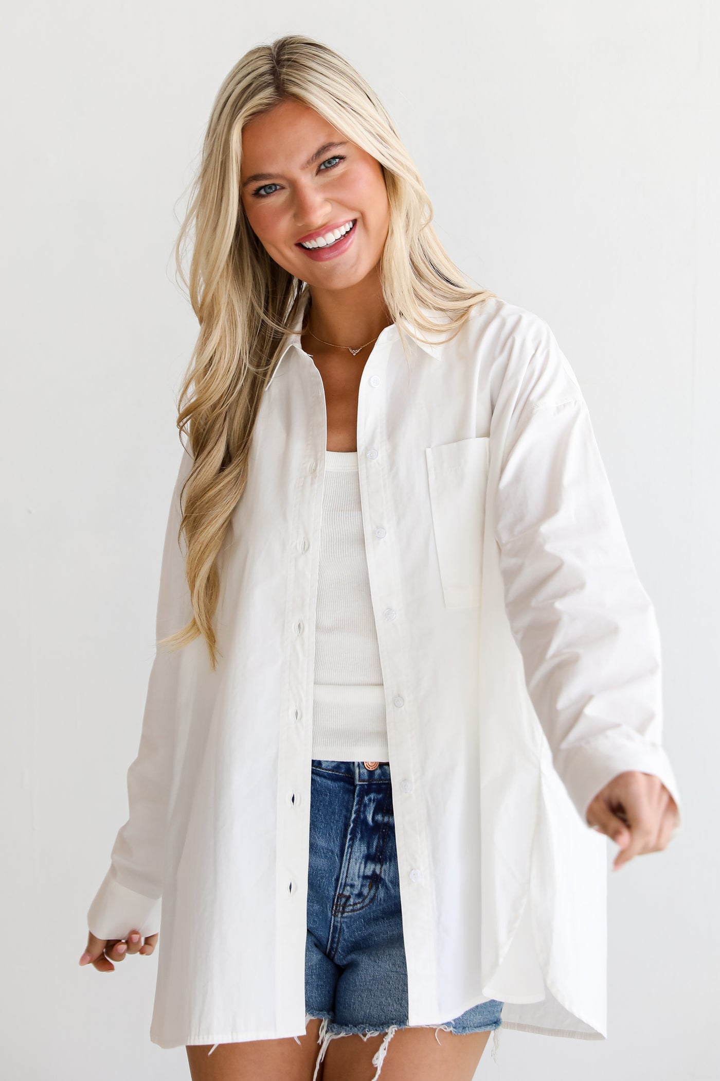 trendy White Button-Up Blouse