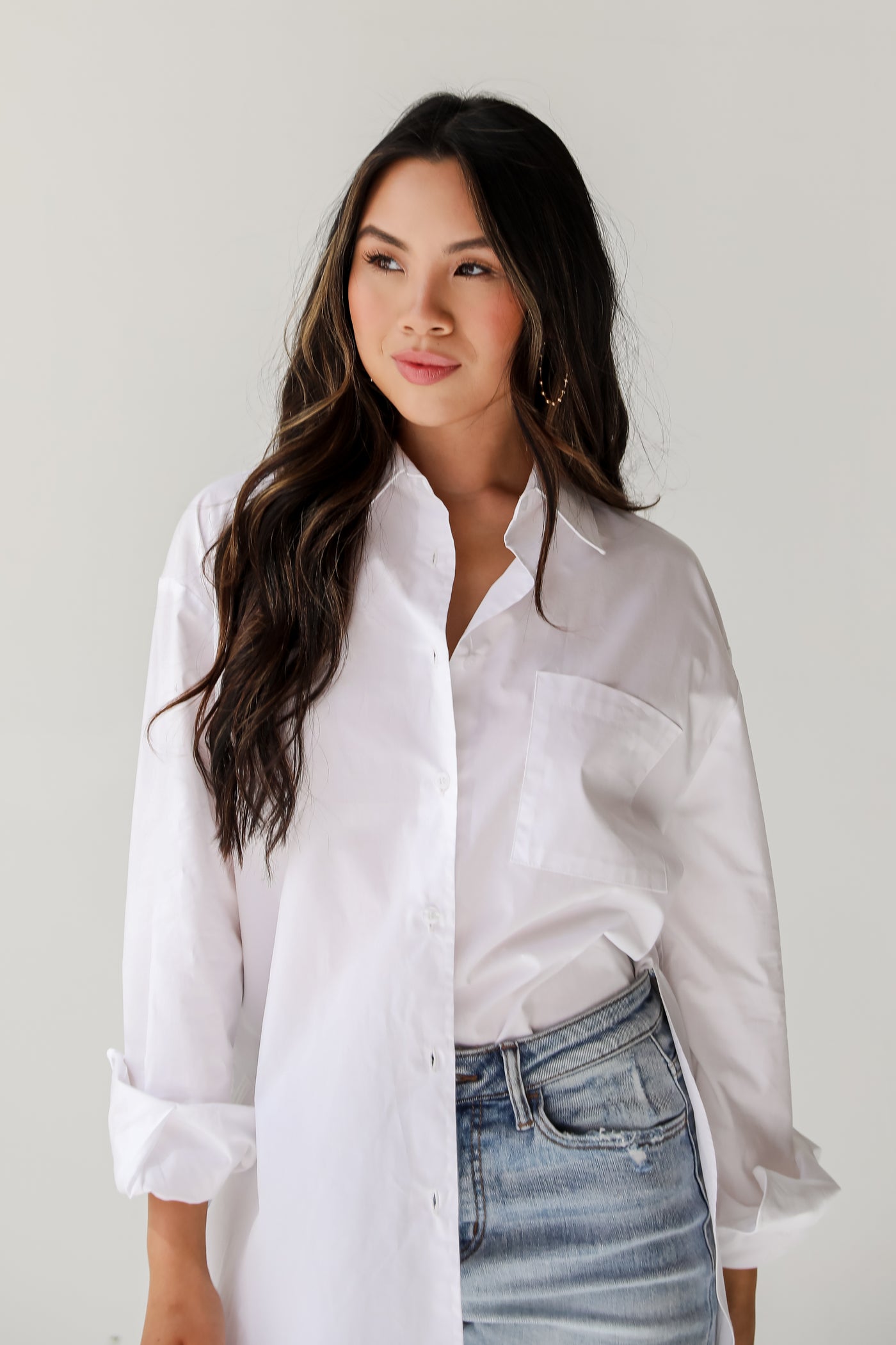 womens oversized White Button-Up Blouse