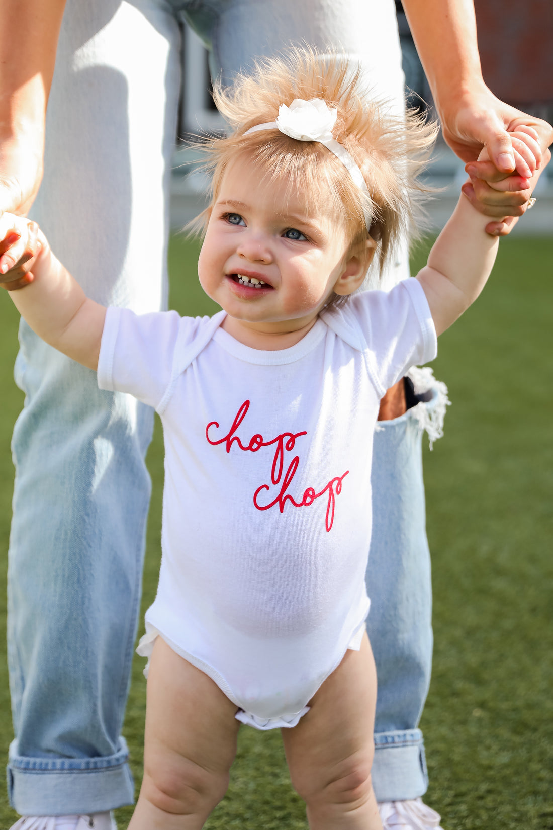 White Chop Chop Script Onesie