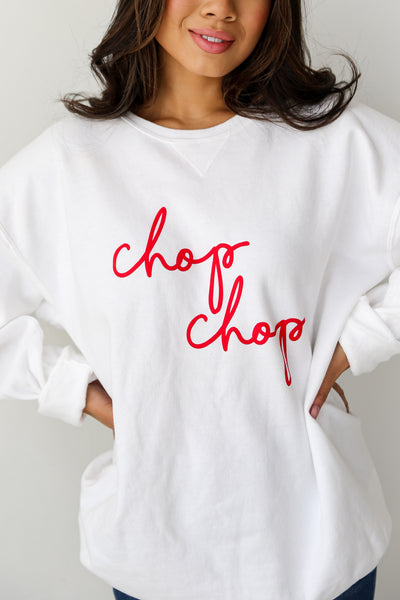 White Chop Chop Script Pullover close up
