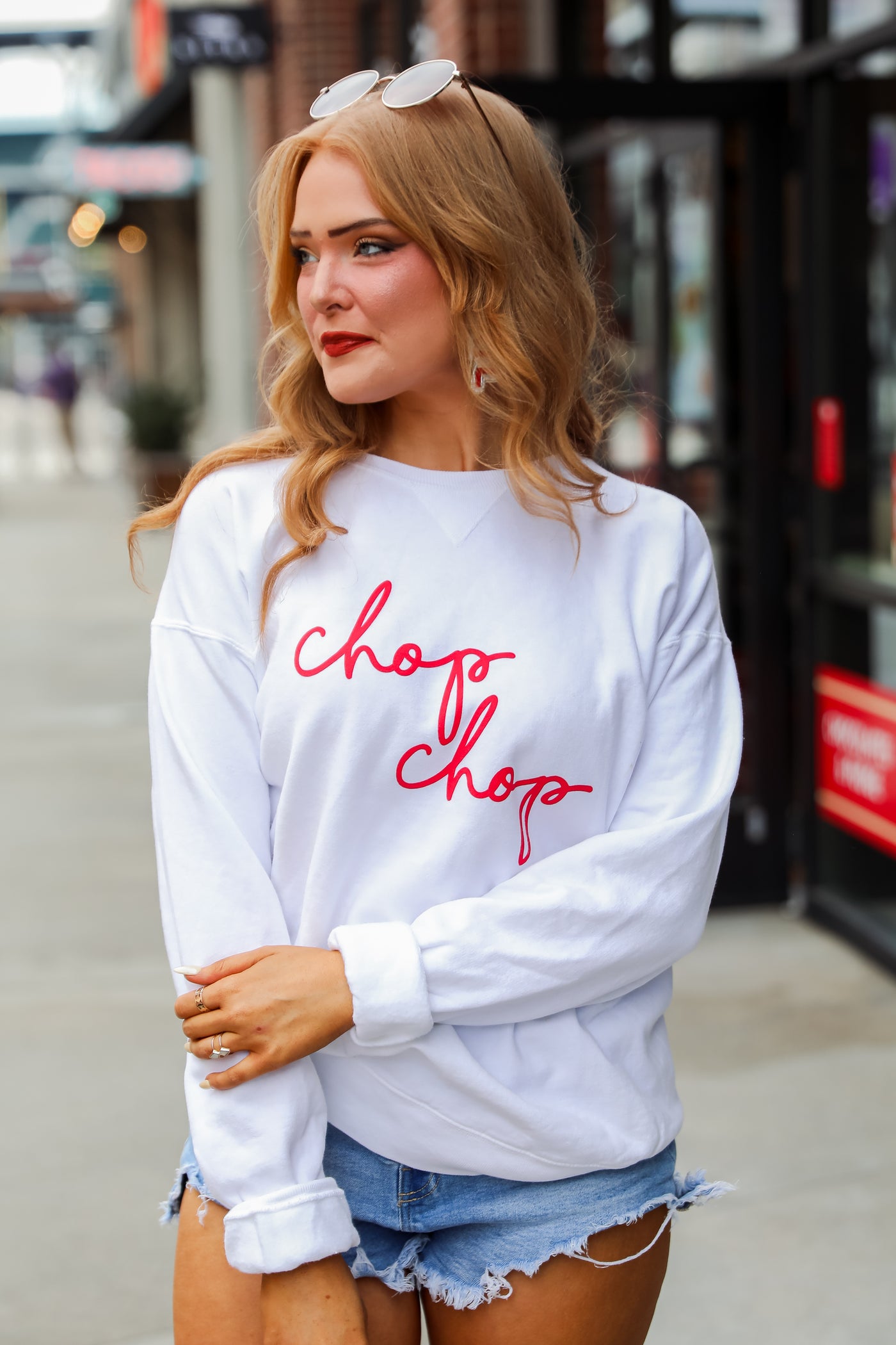 womens White Chop Chop Script Sweatshirt