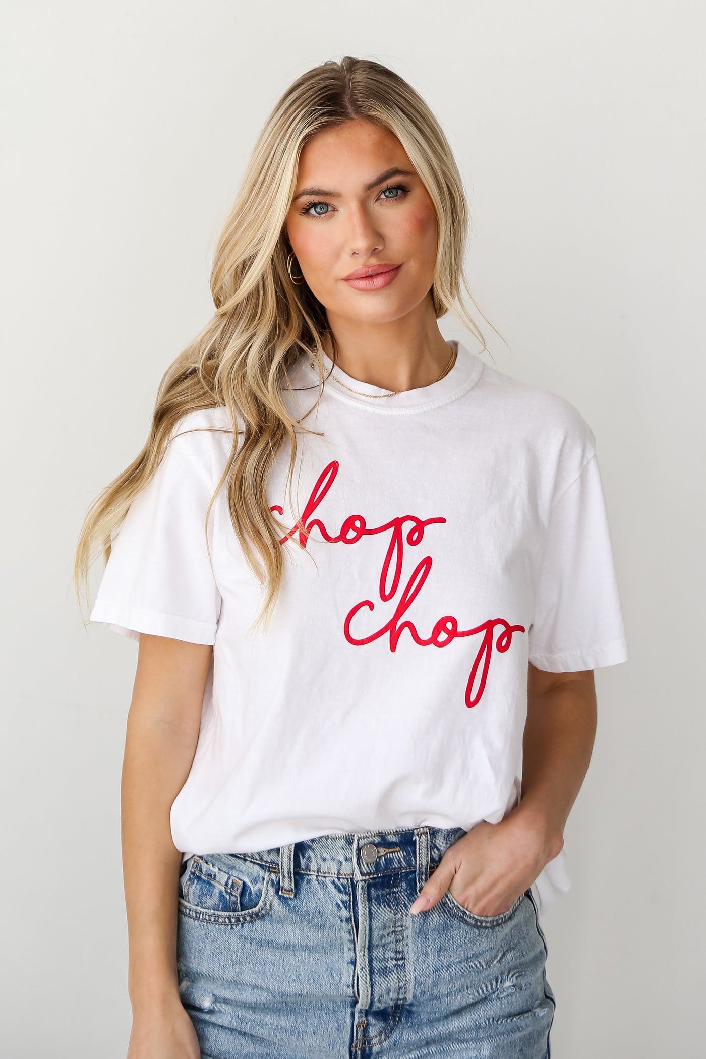 White Chop Chop Graphic Tee on model