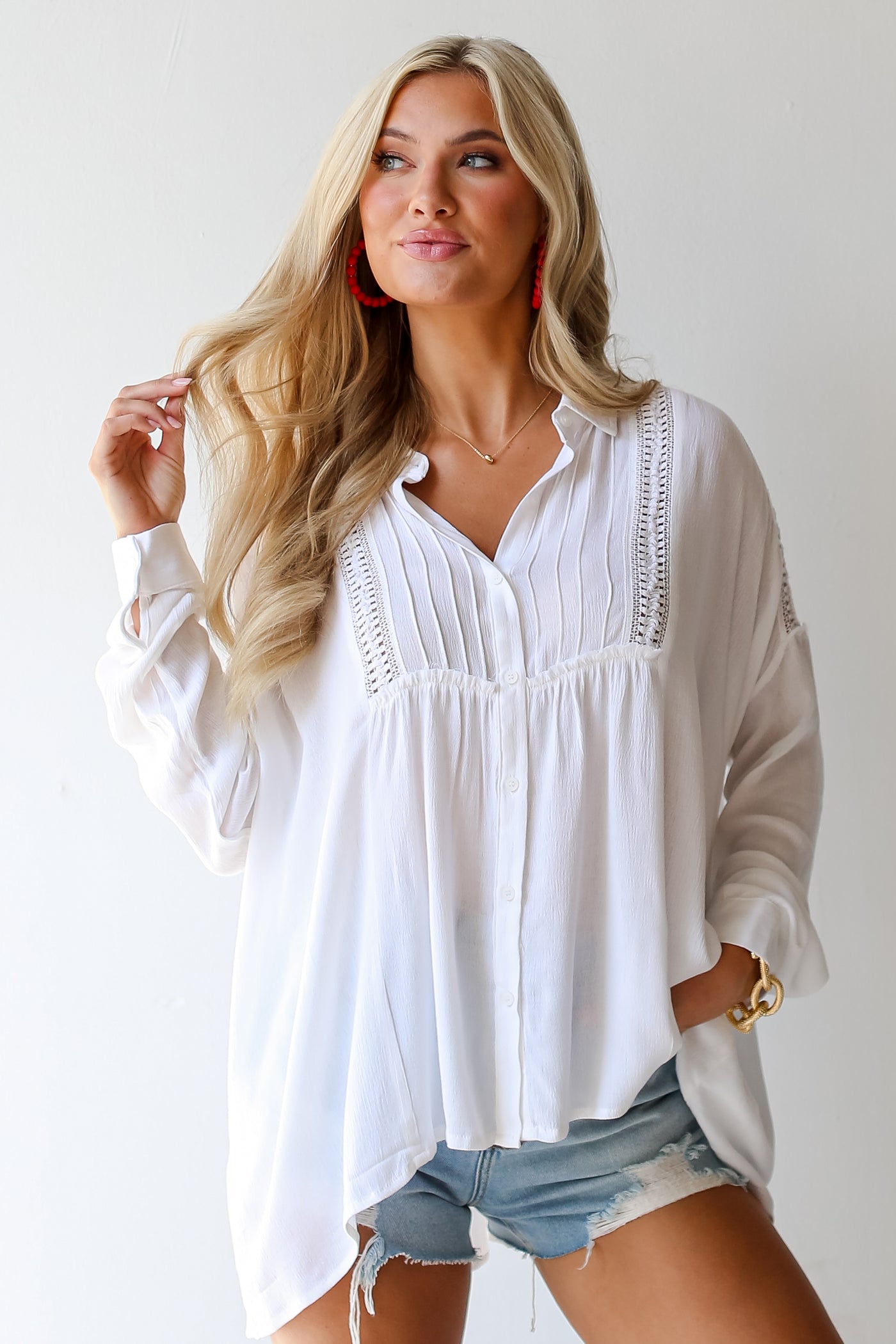 white Crochet Button-Up Blouse on dress up model