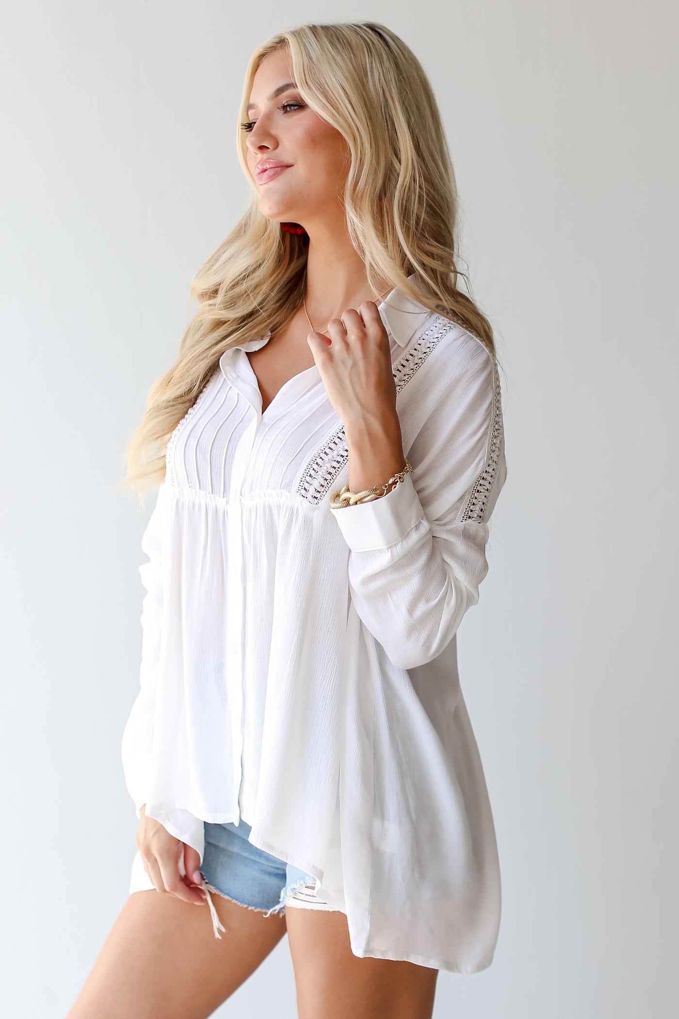 white Crochet Button-Up Blouse side view